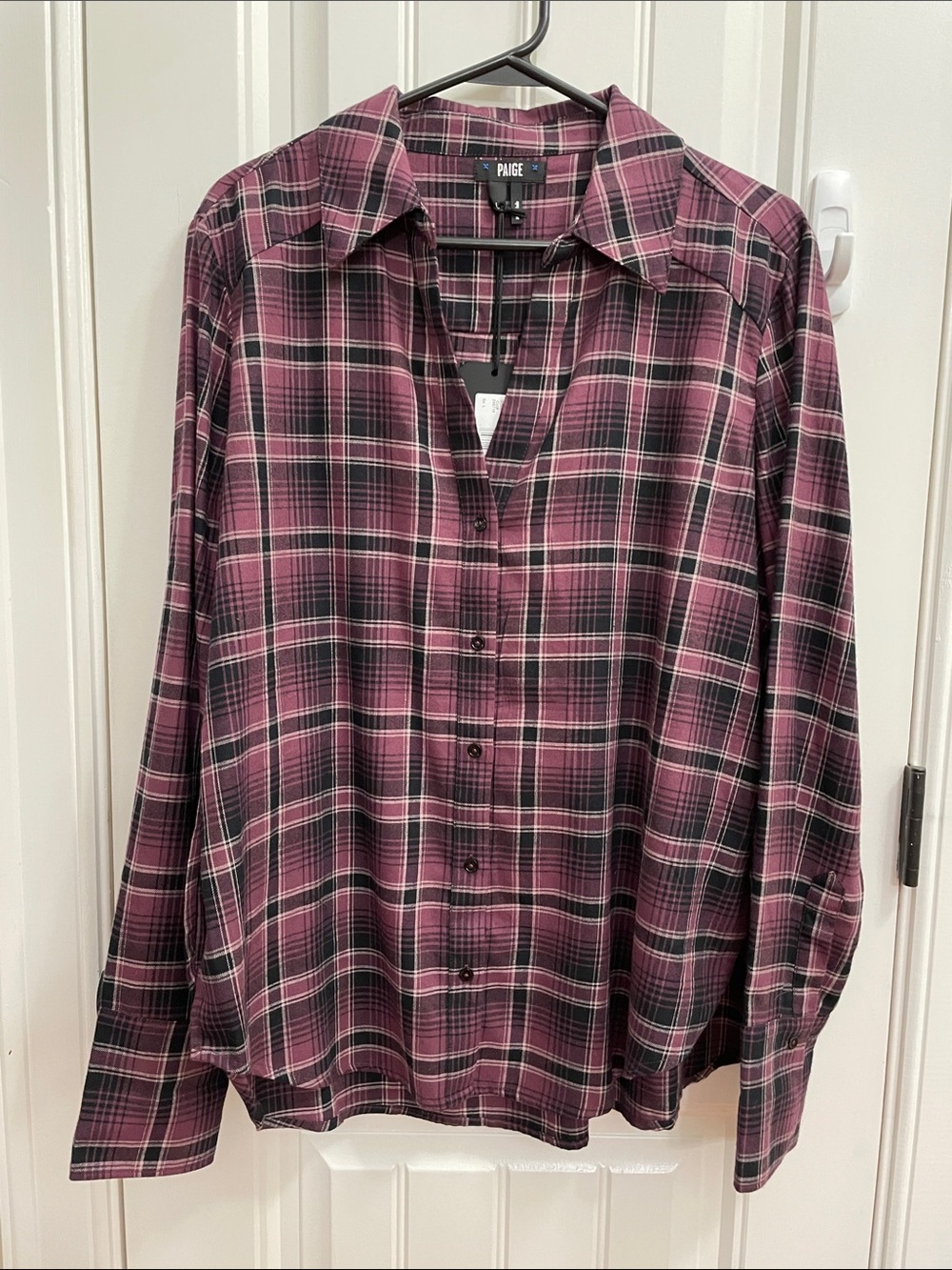PAIGE Davlyn Rasberry Mousse Plaid Button-Down Shirt, NWT, Size Large